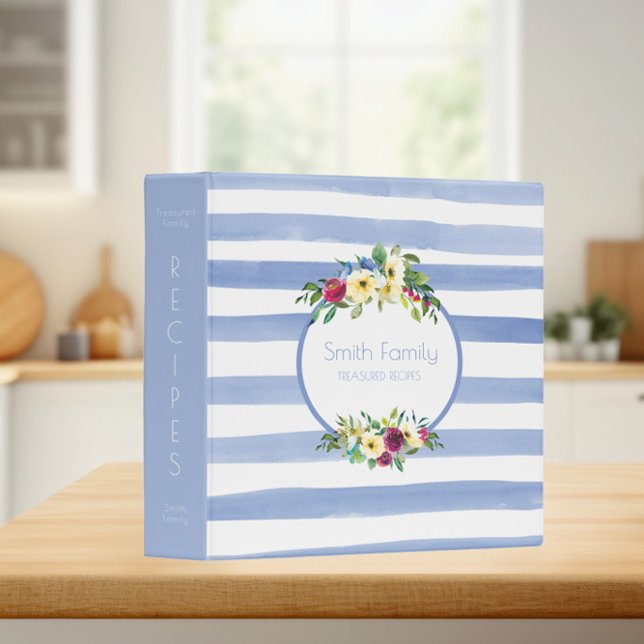 Classeur Recette florale bleu blanc rayé violet jaune (Créateur téléchargé)