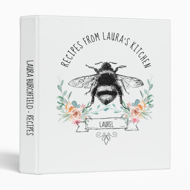 Classeur Recette florale d'abeille Elégante personnalisée (Devant/Côté)