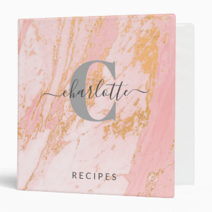 Classeur Recette monogramme personnalisée en marbre rose or