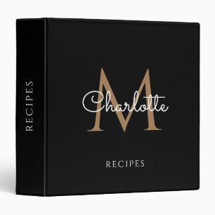 Classeur Recette noire de monogramme doré de script élégant