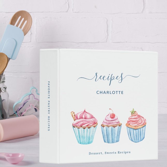 Classeur Recette pâtisserie cupcakes blush rose bleu nom (Créateur téléchargé)