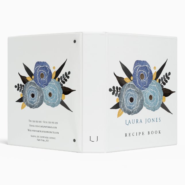 Classeur Recette personnalisée en bleu Élégance florale (Arrière-plan)