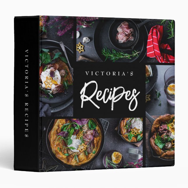 Classeur Recette photo personnalisée noire moderne (Devant/Côté)