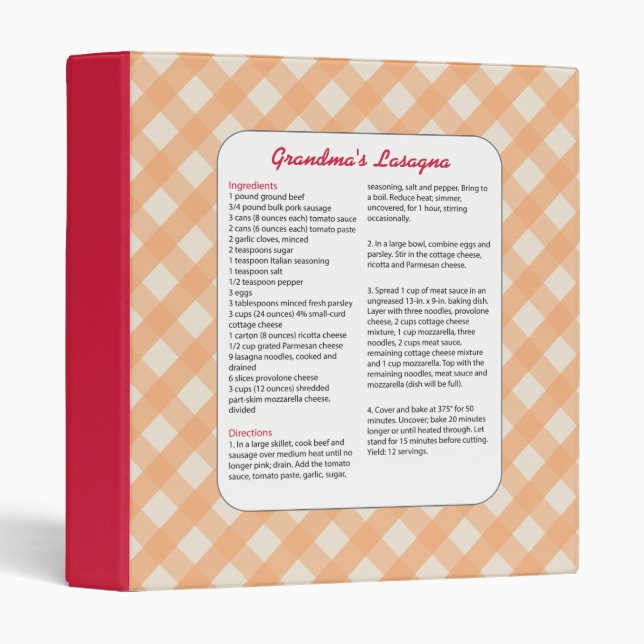Classeur Recette préférée de famille rétro - lasagne (Devant/Côté)
