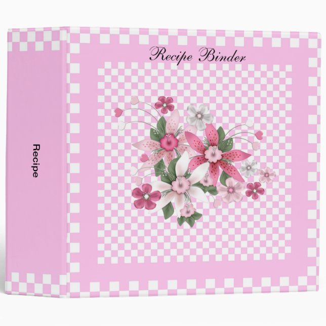 Classeur Recette Style pays rose blanc chèque floral (Devant/Côté)