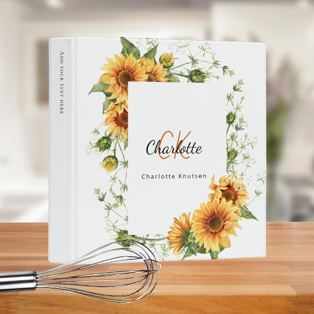 Classeur Recette tournesol couronne vert monogramme (Créateur téléchargé)