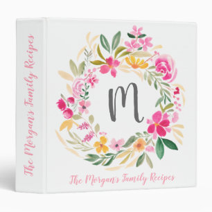 Classeur Recettes d'aquarelle de courre florale rose monogr