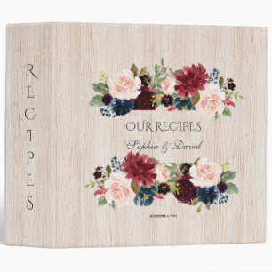 Classeur Recettes de Bois Lavé Rustique Merlot Fleurs Bleu