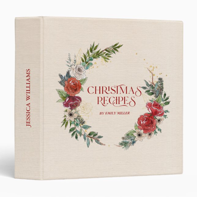 Classeur Recettes de couronne de Noël avec texture de lin b (Devant/Côté)