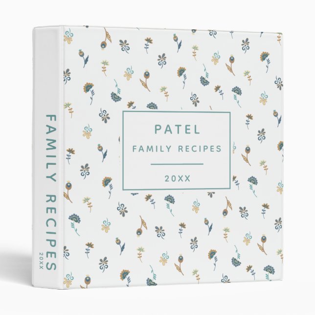 Classeur Recettes de famille Fleurs bleues et or  (Devant/Côté)