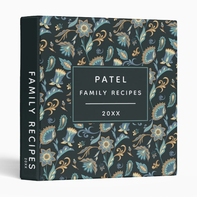 Classeur Recettes de famille motif floral bleu et or (Devant/Côté)