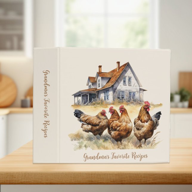 Classeur Recettes de grand-mère de poulets rustiques (Rustic farmhouse with roosters and hens "Grandma's favorite recipes" custom cookbook)