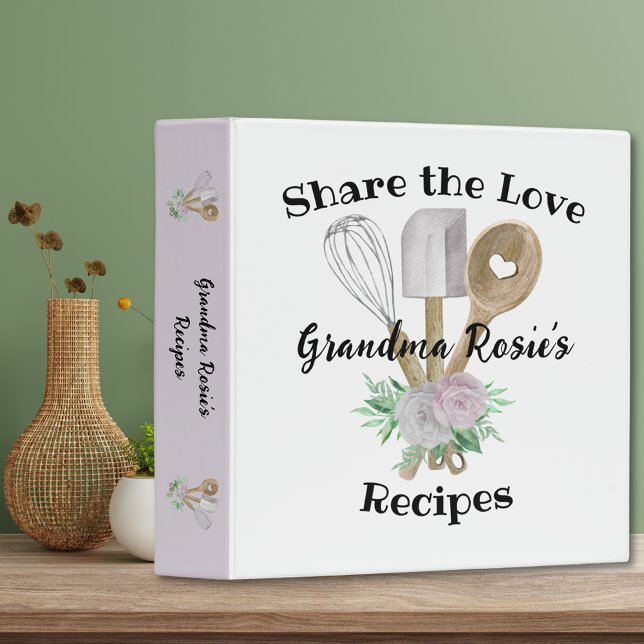Classeur Recettes de grand-mère | Partagez l'amour personna (Share the Love of Grandma's Recipes with this custom watercolor binder with watercolor utensils.)