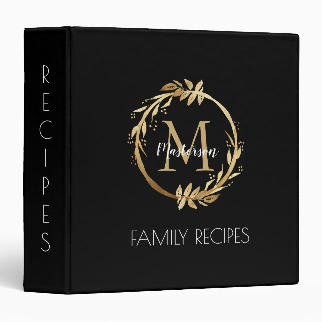Classeur Recettes de la famille Monogramme noir or personna (Devant/Côté)