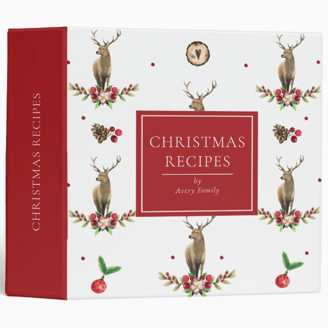 Classeur RECETTES DE NOËL Aquarelle Cerf Hivernal (Devant/Côté)