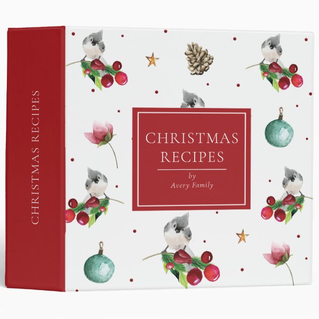 Classeur RECETTES DE NOËL Aquarelle Tufted Titmouse (Devant/Côté)