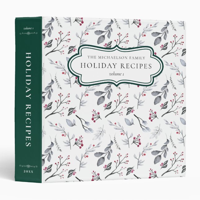 Classeur Recettes de Noël en famille Feuillage aquarelle (Devant/Côté)