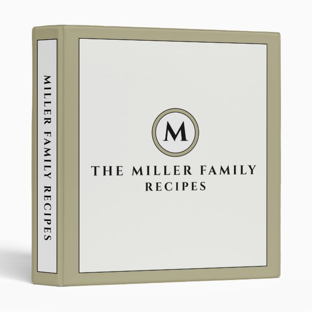 Classeur Recettes familiales | Monogramme | Sage Green (Devant/Côté)