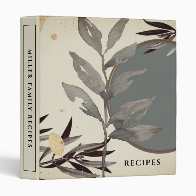 Classeur Recettes | Feuille d'aquarelle zen moderne | Sage (Devant/Côté)