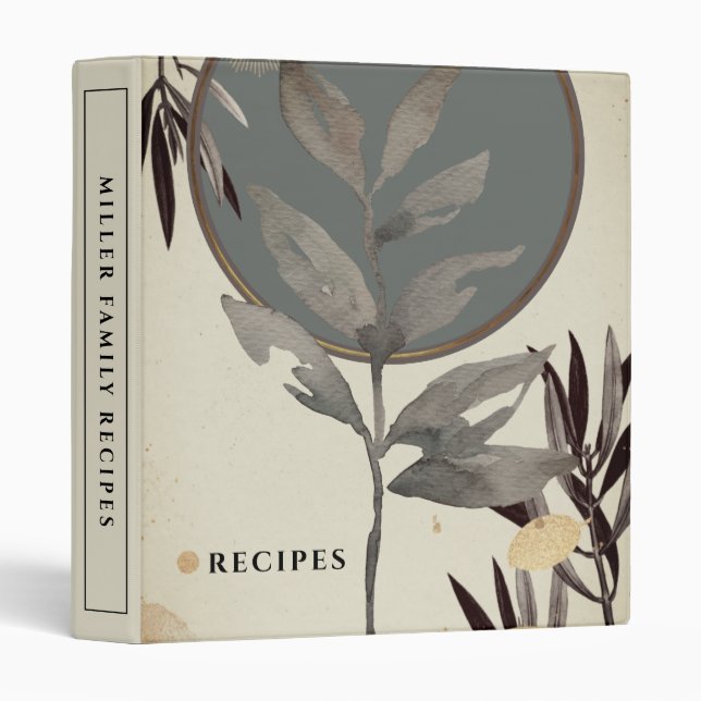 Classeur Recettes | Feuilles d'aquarelle modernes | Sage (Devant/Côté)
