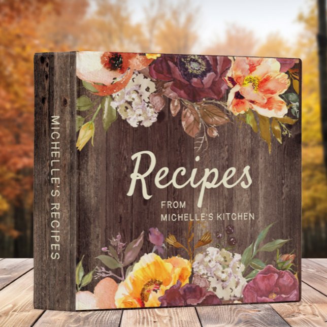 Classeur Recettes florales en bois rustique orange Bourgogn (Orange, cream, and burgundy floral on rustic wood family recipe binder)