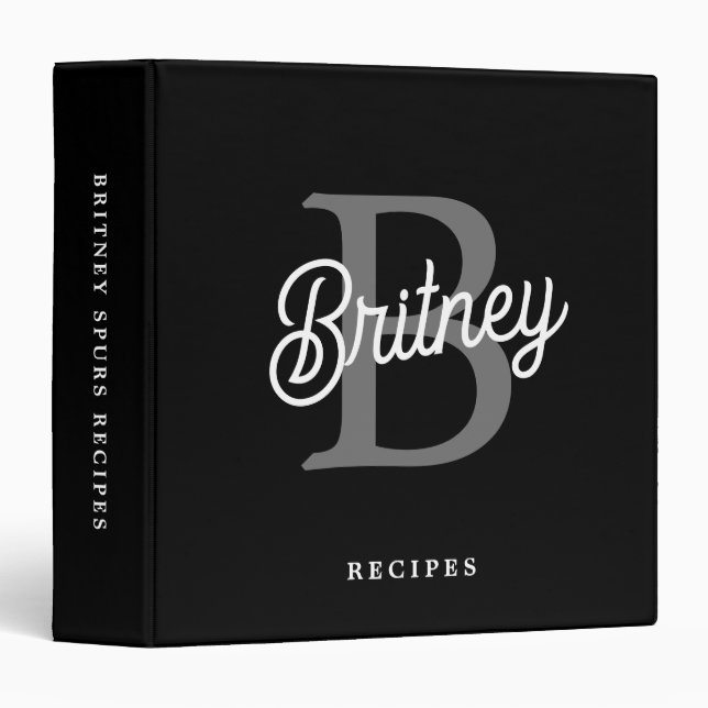 Classeur Recettes Modernes Nom Monogramme Noir Gris Script (Devant/Côté)