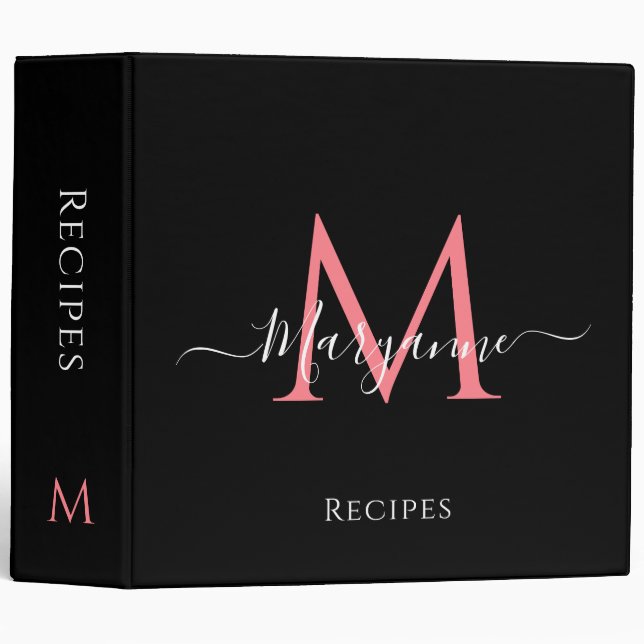 Classeur Recettes noires Monogrammes personnalisées rose Fi (Devant/Côté)