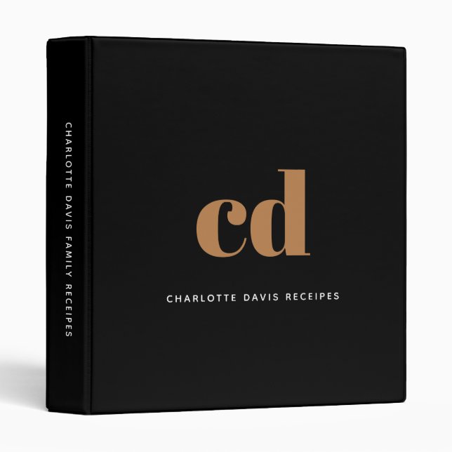 Classeur Recettes or noir monogramme livre de cuisine moder (Devant/Côté)