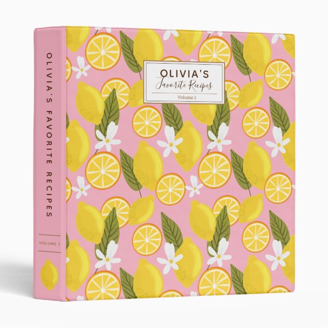 Classeur Recettes préférées Motif citron rose personnalisé (Devant/Côté)