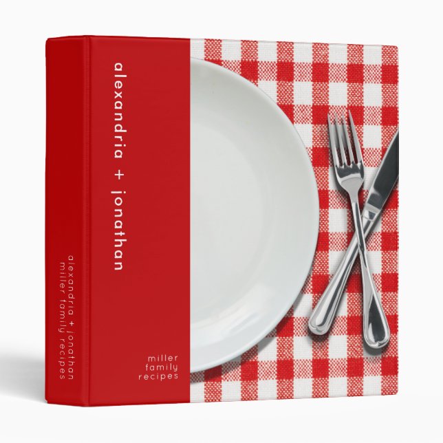 Classeur Recettes rouges En vichy modernes personnalisées (Devant/Côté)