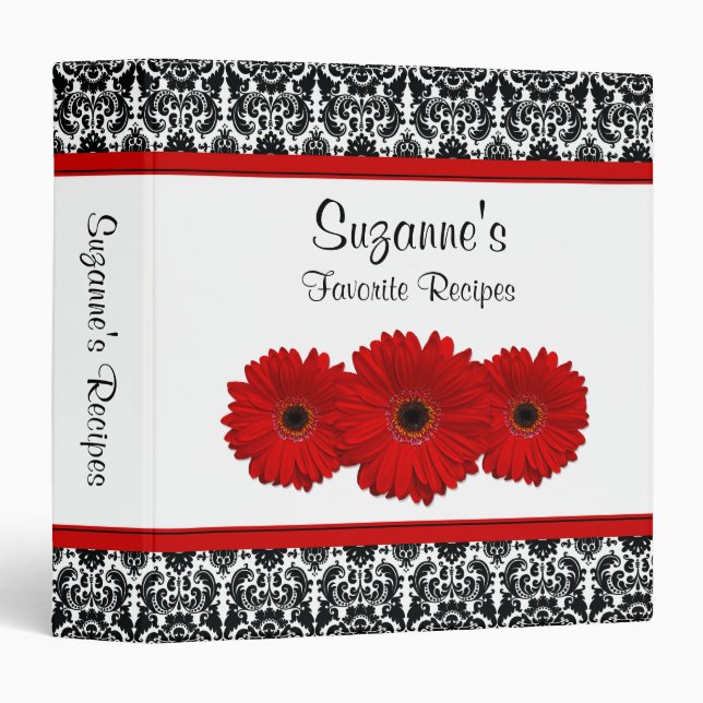 Classeur Red Gerber Daisy Black White Damask Recette Classe (Devant/Côté)