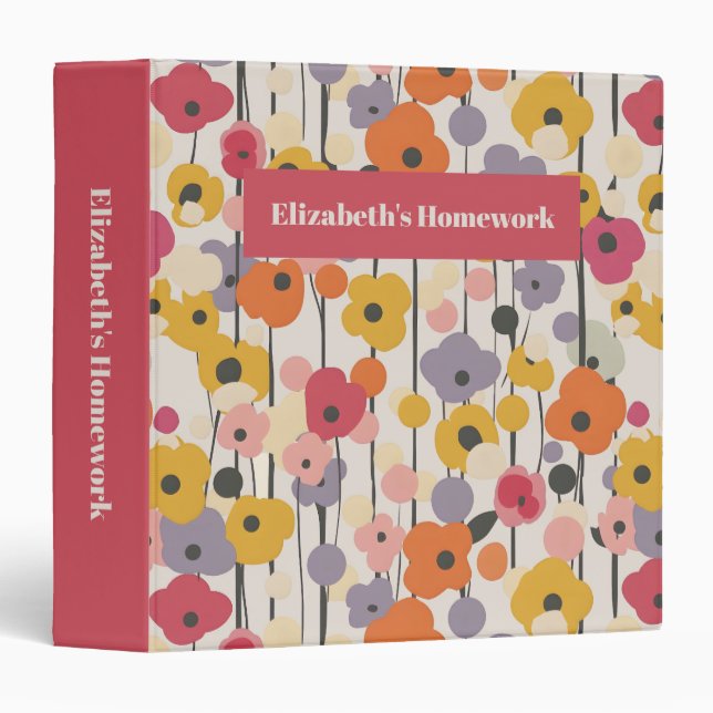 Classeur Retro Floral Motif Monogramme École (Devant/Côté)