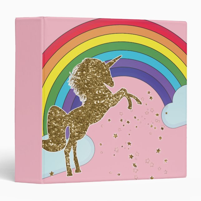 Classeur Retro Unicorn Rainbow & Gold Stars (Devant/Côté)