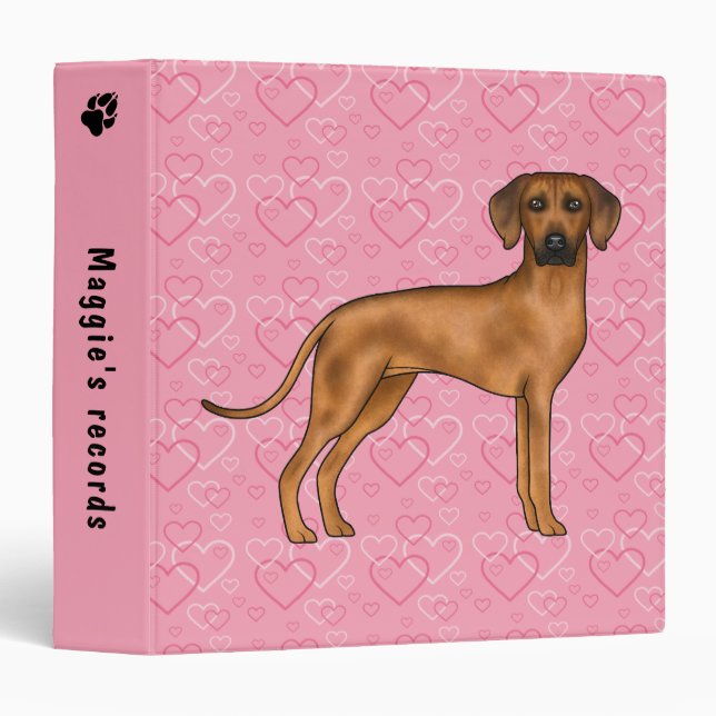 Classeur Rhodesian Ridgeback Chien Love Coeur Motif rose (Devant/Côté)