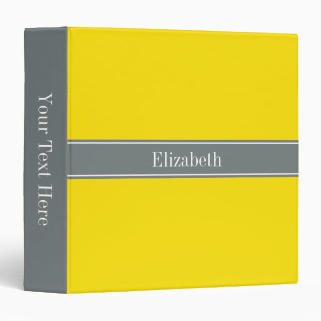 Classeur Ribbon jaune uni, gris charbon Nom Monogramme (Devant/Côté)