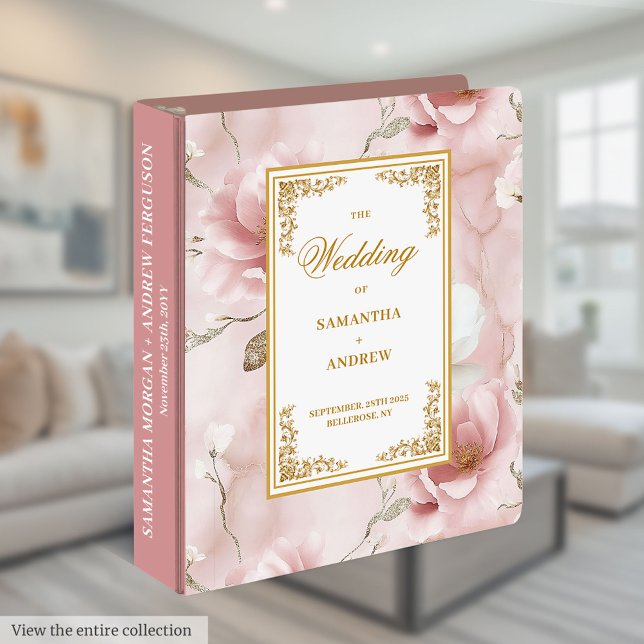 Classeur Romantic dusté or rose mariage album mémoire (Romantic dusty pink gold wedding memory album 3 ring binder)