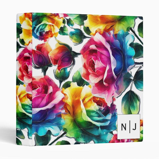 Classeur Rose arc-en-ciel noir et blanc Mariage Floral (Devant/Côté)