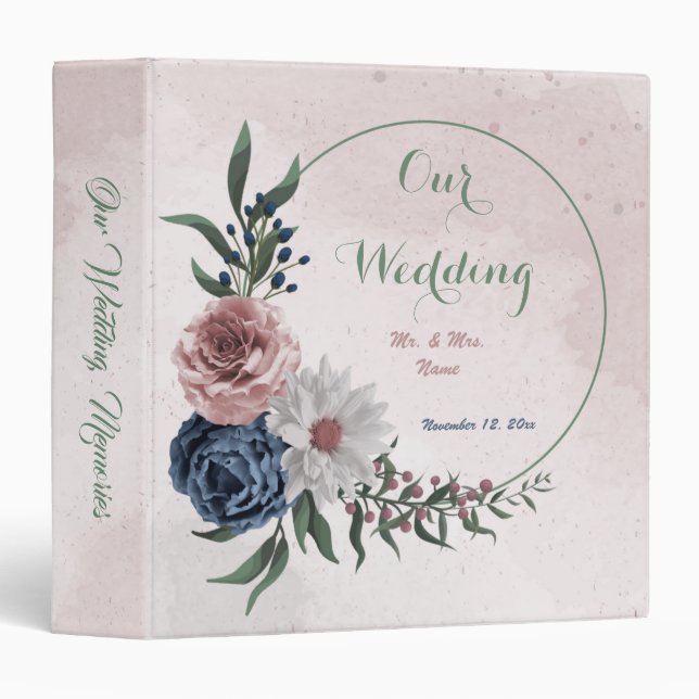 Classeur rose blanc marine fleurs verdure mariage album (Devant/Côté)
