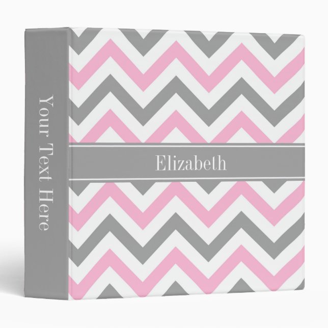 Classeur Rose Dk Gris Blanc LG Chevron Gris Monogramme Nom (Devant/Côté)