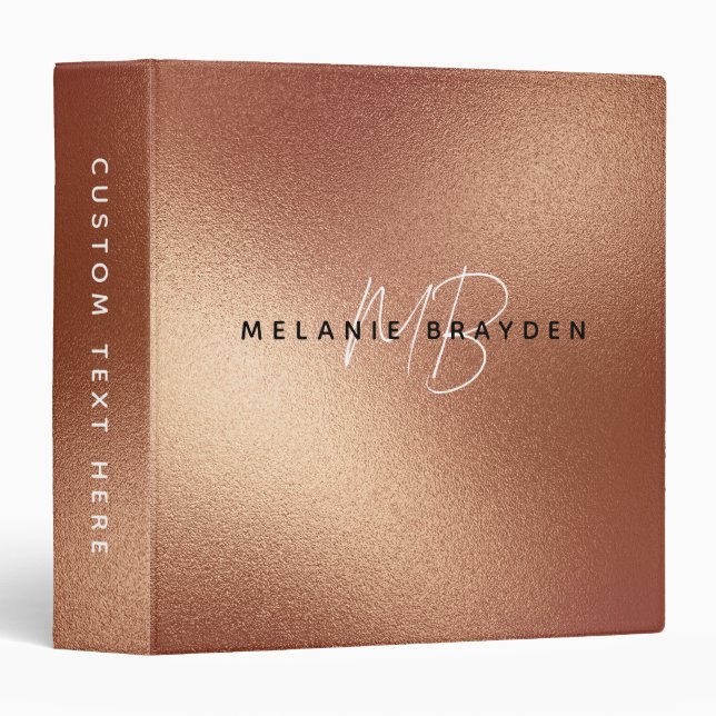 Classeur Rose Faux Gold Foil Minimaliste de deux monogramme (Devant/Côté)