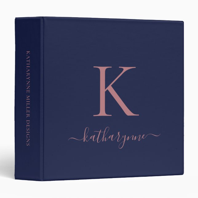 Classeur Rose Gold Luxe Monogramme Bleu Nuit (Devant/Côté)