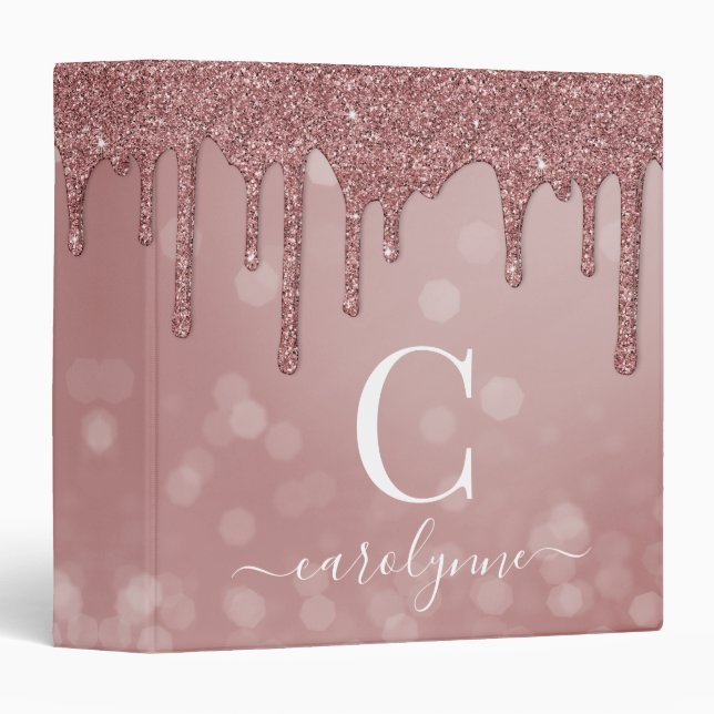 Classeur Rose Gold Pailleté Chic Gouttes de Lettres Monogra (Devant/Côté)