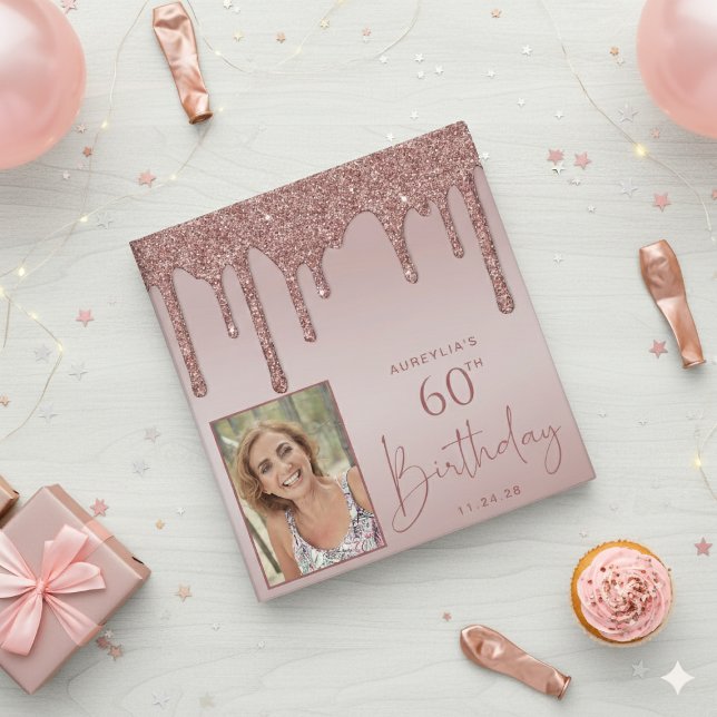 Classeur Rose Gold Parties scintillant Drives Anniversaire  (Rose Gold Glitter Drips Birthday Photo Album 3 Ring Binder)