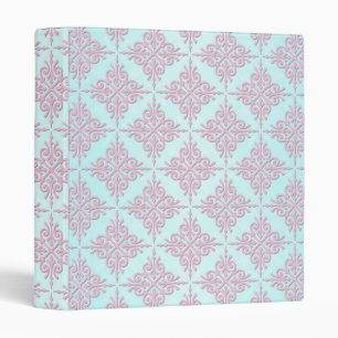 Classeur Rose pastel sur motif damasquin sarcelle