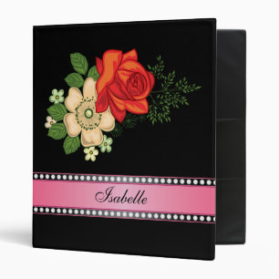 Classeur Rose rouge et marguerites rose Nom personnalisé
