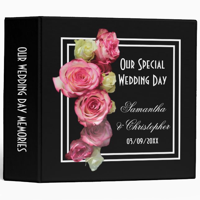 Classeur Rose sur bouquet floral noir mariage (Devant/Côté)