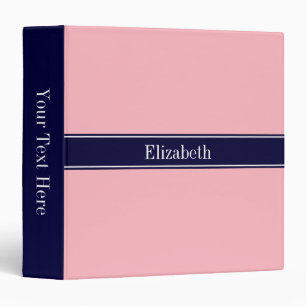 Classeur Rose Uni, Ruban Bleu Marine Monogramme de Nom