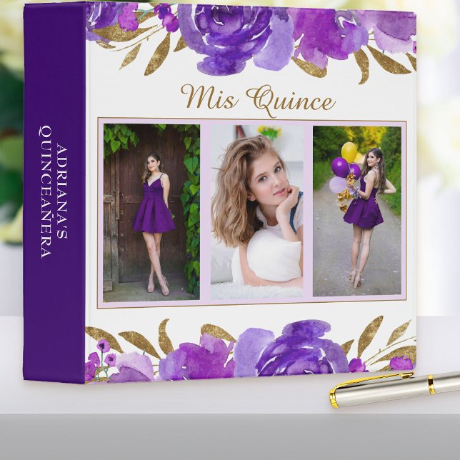 Classeur Rose violet feuille or Mis Quince 3 Photo (Purple floral binder (organizer / album / guest book) - Rose and Gold Leaf quinceanera collection)