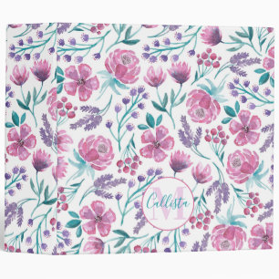 Classeur Rose violet Turquoise Aquarelle Fleurs Monogramme