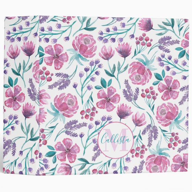 Classeur Rose violet Turquoise Aquarelle Fleurs Monogramme (Devant/Côté)